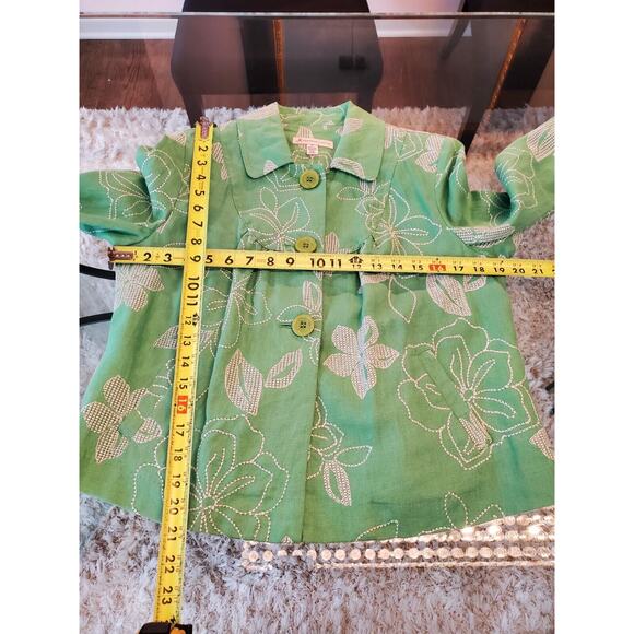 JM Collection Women Green Floral 100% Linen Long Sleeve Buttons Front Jacket 6P - Picture 11 of 12